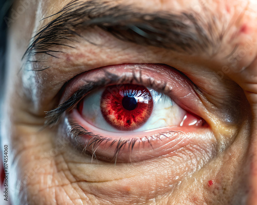 A close-up of an eye with a red, broken blood vessel, creating a striking contrast with the white sclera and adding intensity to the gaze... photo