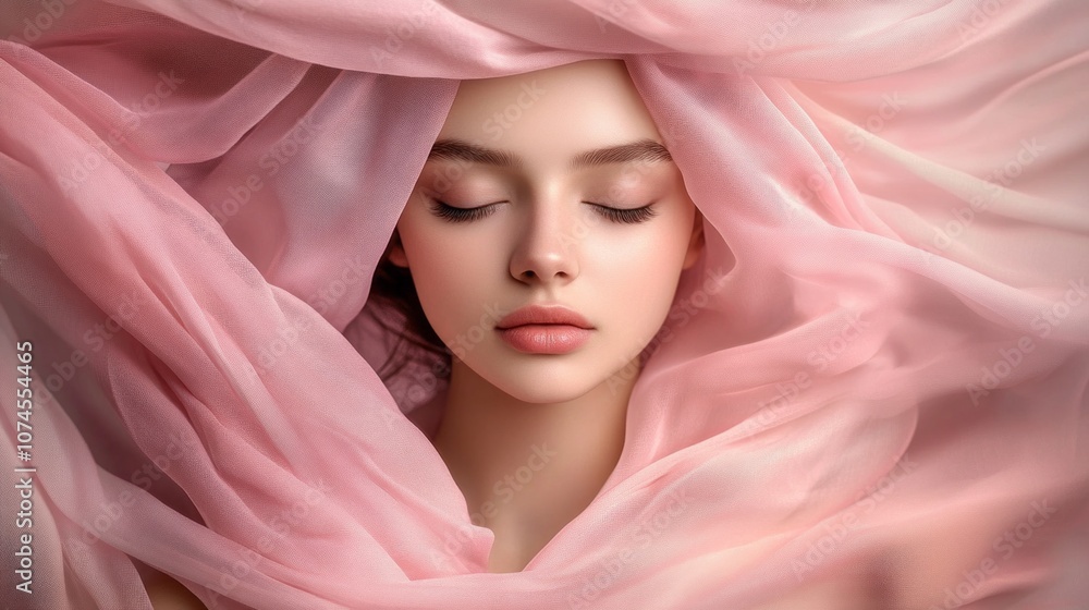 A woman with a pink scarf draped over her head A woman with a pink scarf draped over her head