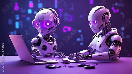 Using a laptop computer with a purple neon glow light, this adorable AI robot chatbot and AI helper concept uses futuristic technology in a 3D drawin photo