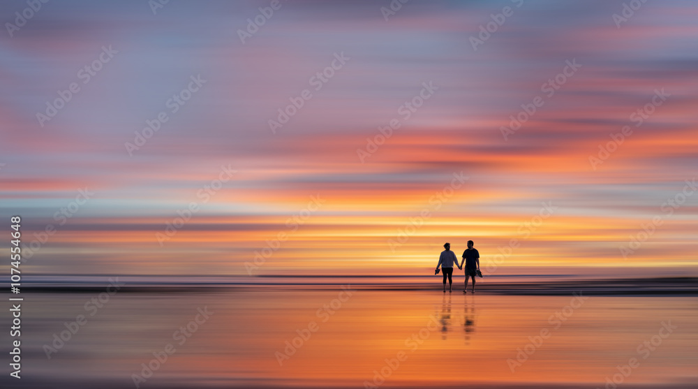 Couple holding hands and walking barefoot on the beach at sunset. Blurred soft background. Couple holding hands and walking barefoot on the beach at sunset. Blurred soft background.