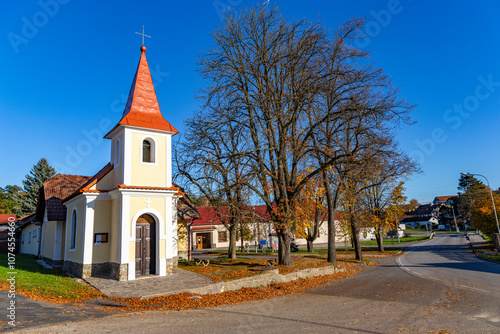 A small chapel in a Czech village Breznice on an autumn day.