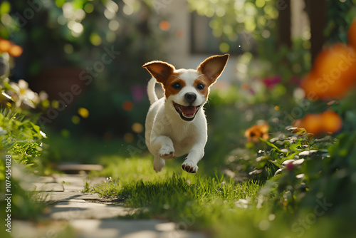 A cute and cuddly short-legged dog joyfully runs around in a colorful garden photo