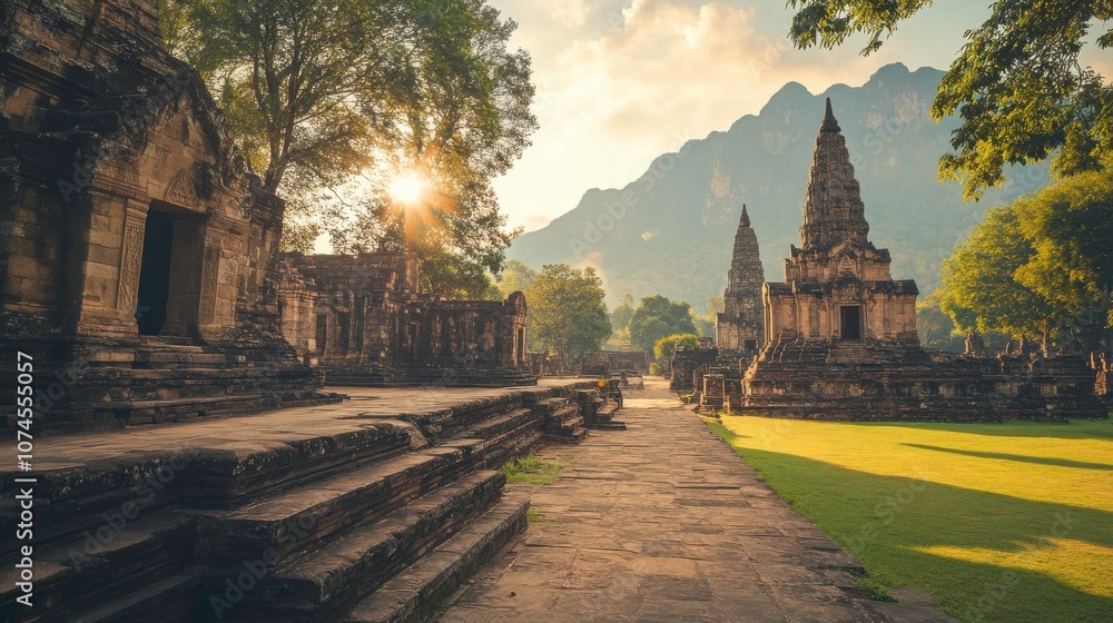 Naklejka premium Serene temple landscape at sunset.