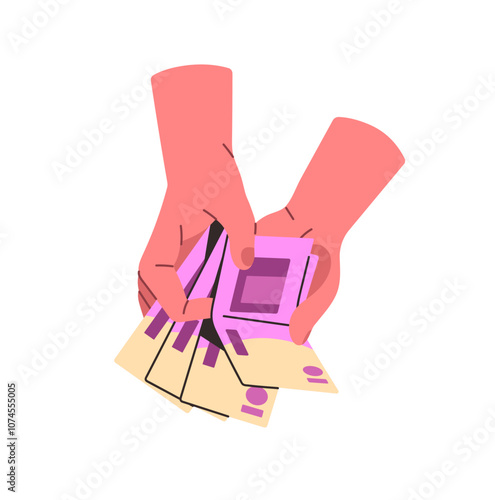 Human hands count wad of money to pay by cash. Person holds stack of euro bills, banknotes clip. Financial investment, currency savings, finance success. Flat isolated vector illustration on white