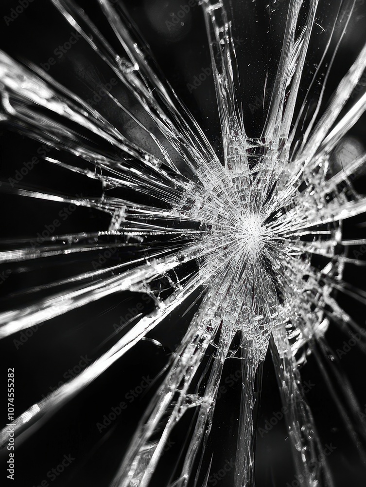 Close-Up of Shattered Glass with Radial Cracks on Dark Background, Ideal for Abstract and Destruction Concepts Close-Up of Shattered Glass with Radial Cracks on Dark Background, Ideal for Abstract and Destruction Concepts