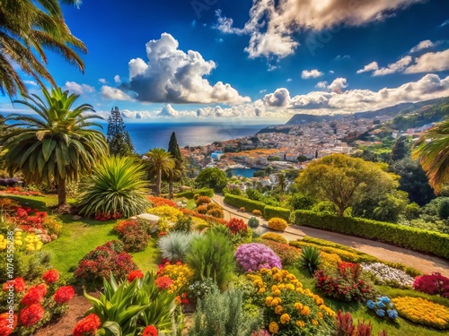 Surreal View of Funchal from Madeira Botanical Garden Surrounded by Lush Flora Under a Bright Sunny Sky, Capturing the Essence of Nature and Tranquility in a Vertical Shot photo