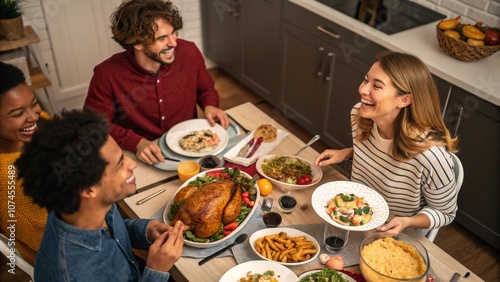 High angle view at diverse group of friends enjoying homemade food at festive dinner table with roasted turkey or chicken, copy space