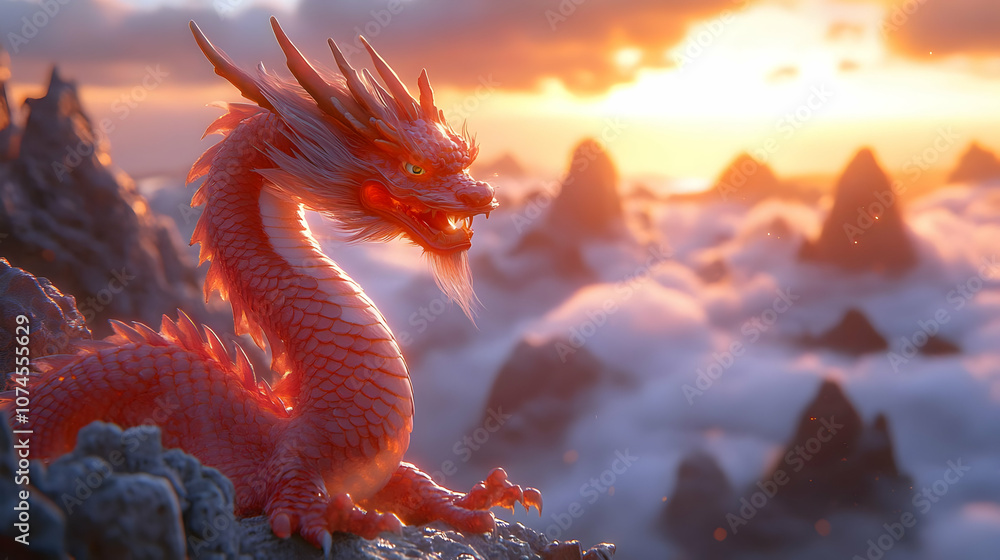Fototapeta premium Red Dragon 3D Illustration on Mountaintop at Sunset