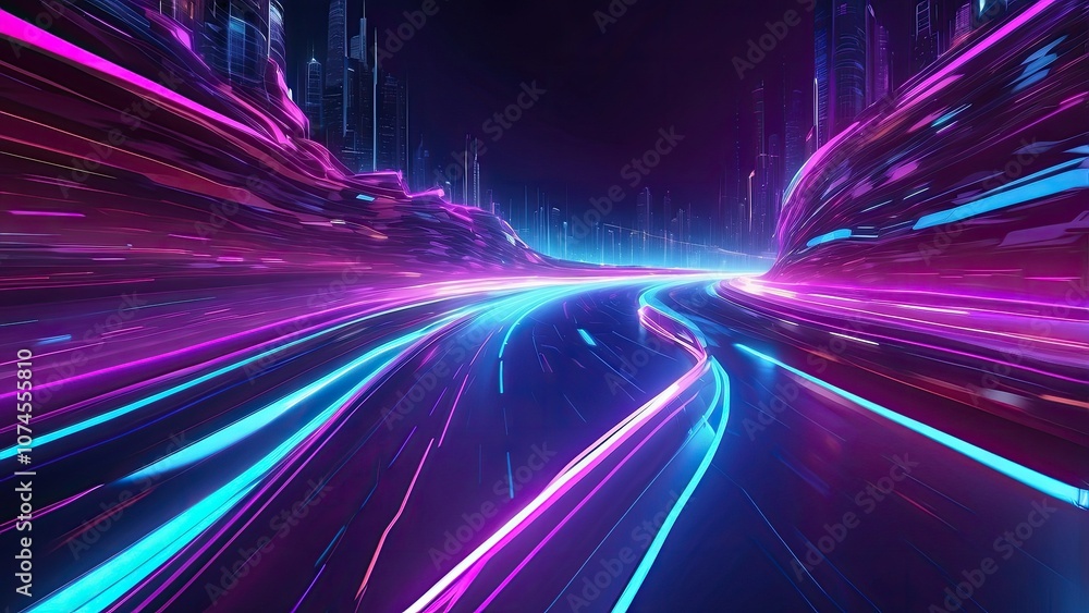 Concept of a panoramic high-speed technology with a bright, abstract backdrop. picture of a road with fast movements. Neon glow in blue and purple on an abstract background- Concept of a panoramic high-speed technology with a bright, abstract backdrop. picture of a road with fast movements. Neon glow in blue and purple on an abstract background-