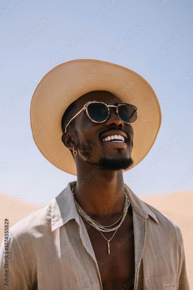A man stands alone in the desert, wearing a hat and sunglasses A man stands alone in the desert, wearing a hat and sunglasses