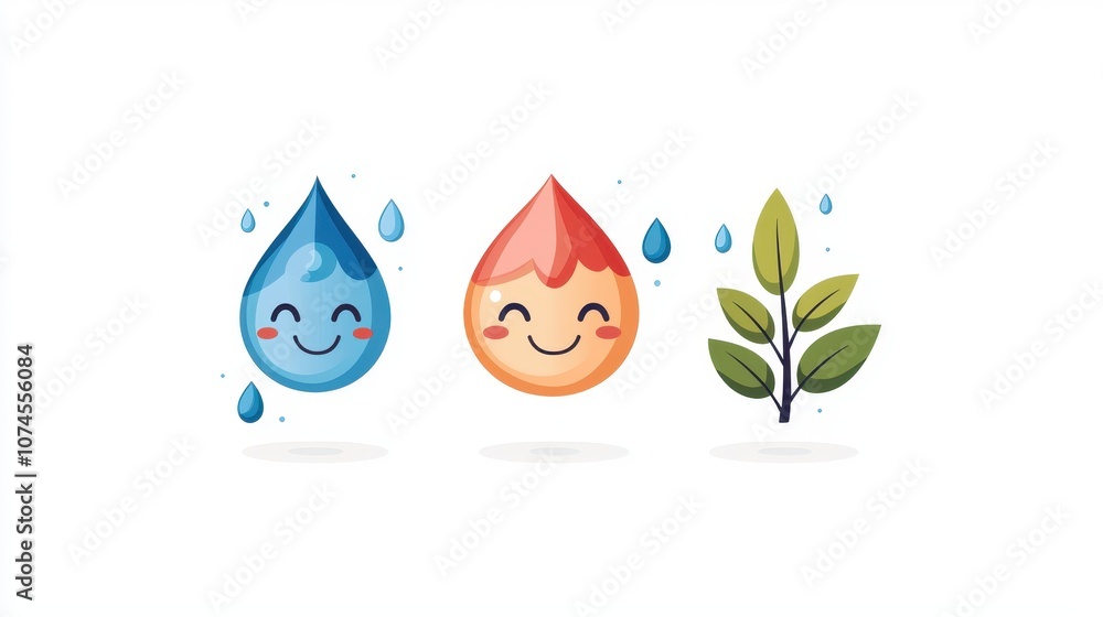Create engaging cartoon flat design text books featuring happy water droplets and nature themes Create engaging cartoon flat design text books featuring happy water droplets and nature themes