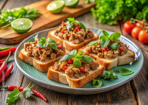 Thai Pork Toast Air Fryer Recipe: Delicious Oil-Free Spread on Crispy Bread Perfect for Appetizers, Snacks, or Parties with Vibrant Colors and Fresh Ingredients Presentation