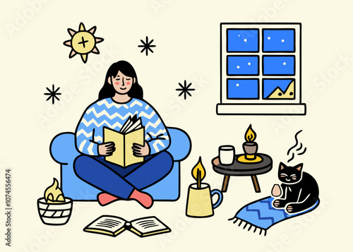 Cozy Home Reading Nook Illustration with Cat and Warm Decor