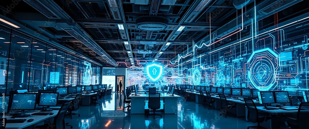Futuristic Corporate Cybersecurity Hub - High-Tech Workspace Futuristic Corporate Cybersecurity Hub - High-Tech Workspace