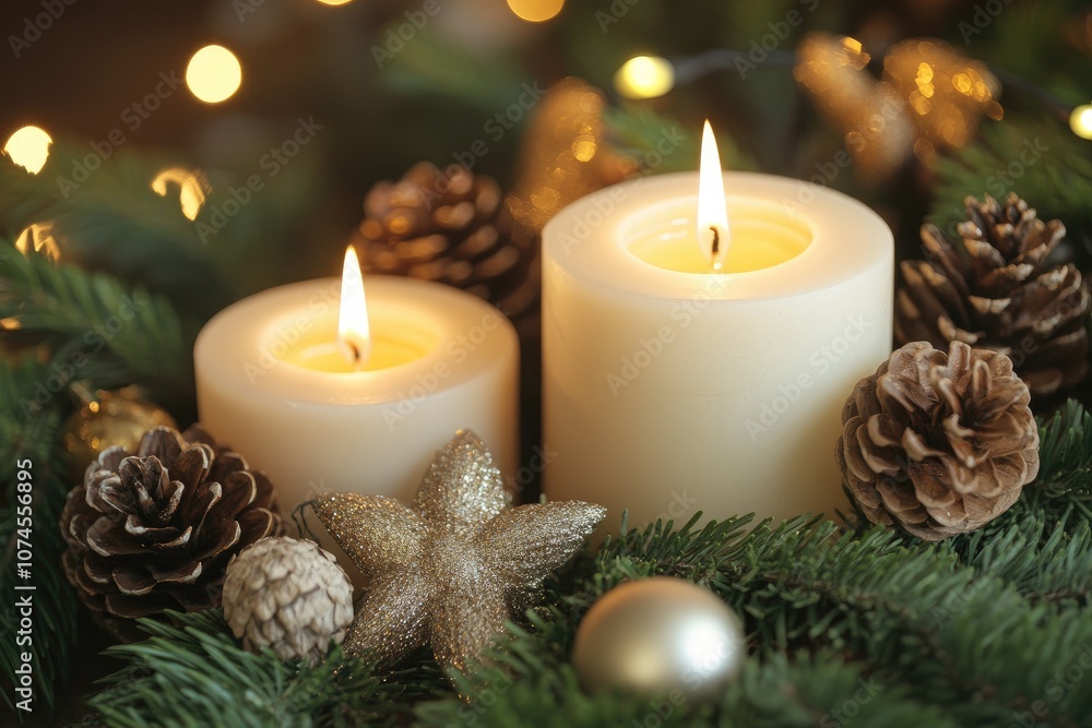 Burning Candles with Pine Cones and Christmas Decorations Burning Candles with Pine Cones and Christmas Decorations