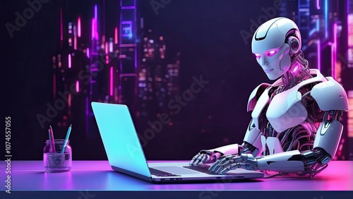 Neon lights and a laptop are used by an artificial intelligence robot in this future 3D illustration banner.-