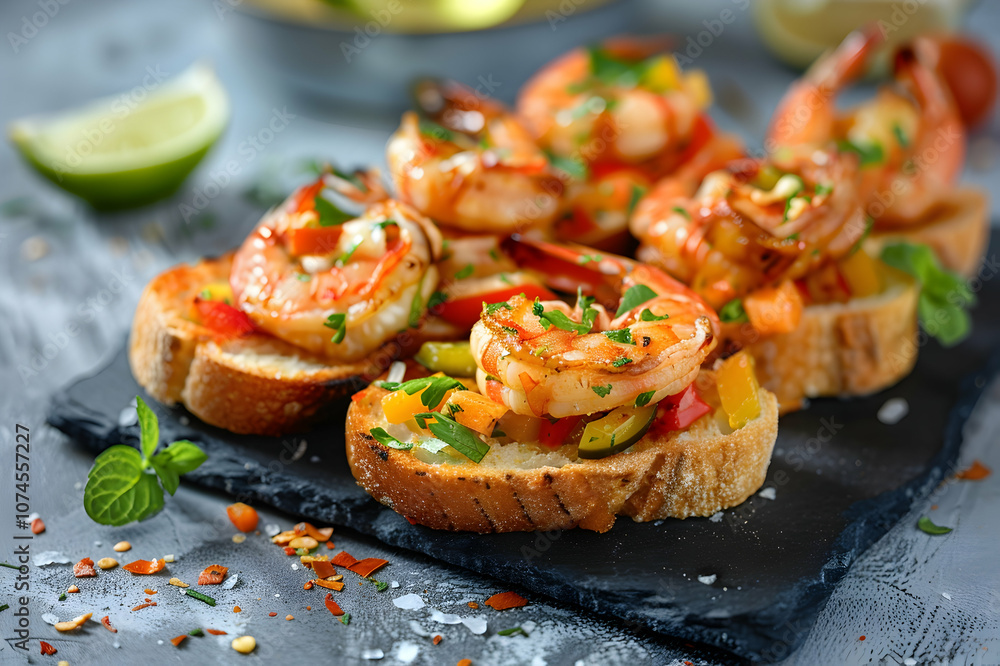 selective focus of fried shrimps with grilled toasts, vegetables and lime on grey concrete selective focus of fried shrimps with grilled toasts, vegetables and lime on grey concrete