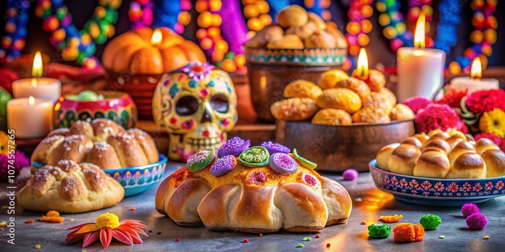 Fototapeta premium Tilt-Shift Photography of Pan de Muerto Bread with Sugar Skulls for Dia de los Muertos Celebration, Showcasing Tradition and Colorful Festivity in a Unique Perspective