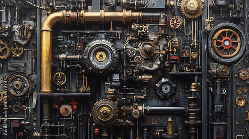 A detailed steampunk mechanics background showcasing intricate gears, brass pipes, and Victorian-inspired machinery set against a textured backdrop 