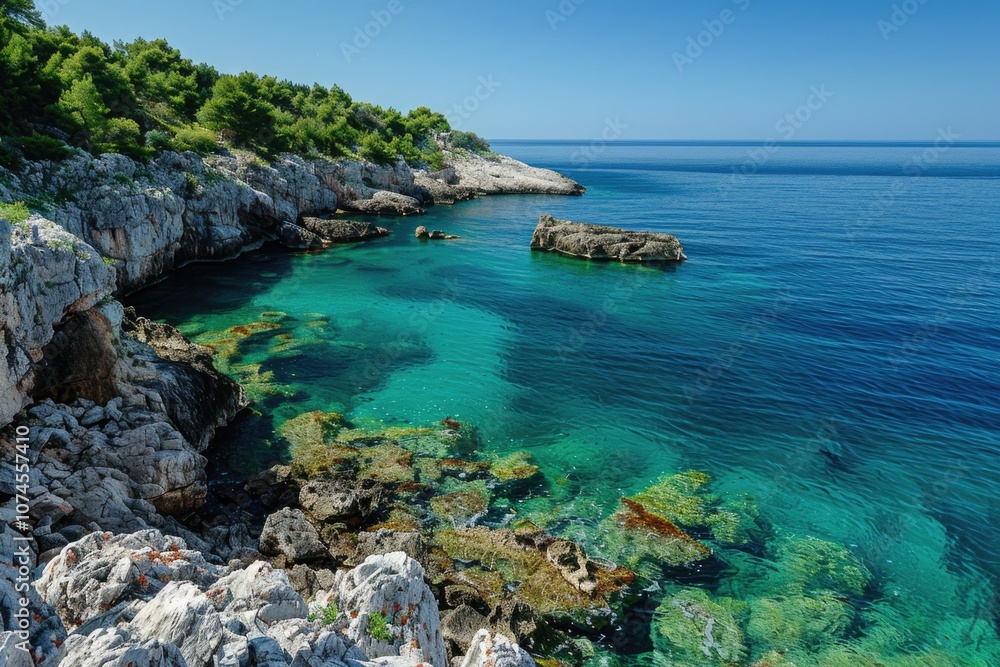 A serene lake scene surrounded by rocky outcroppings and lush trees A serene lake scene surrounded by rocky outcroppings and lush trees