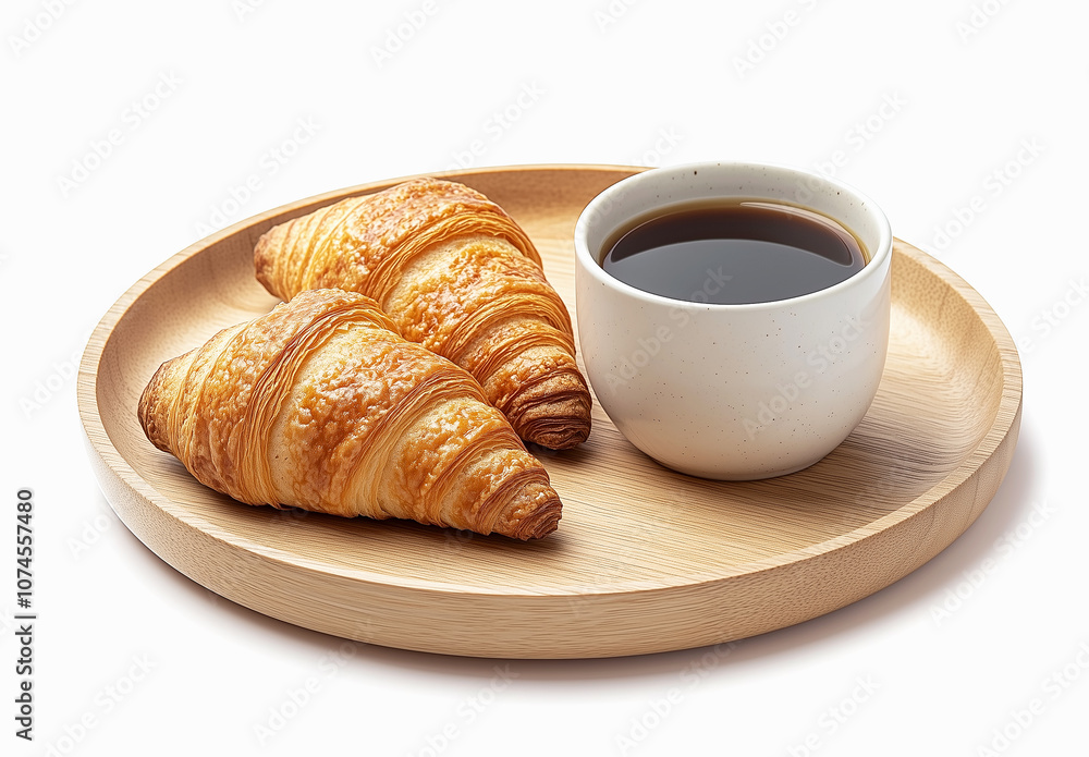 Two golden, flaky croissants served with a cup of black coffee on a minimalist wooden plate, set against a clean white background. Two golden, flaky croissants served with a cup of black coffee on a minimalist wooden plate, set against a clean white background.