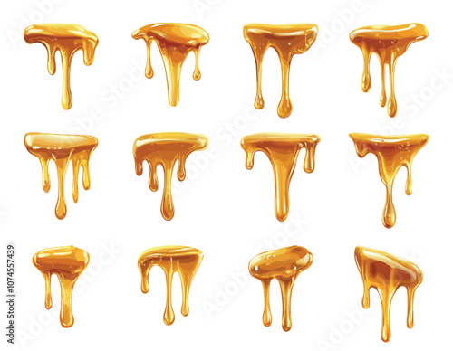 Dripping honey set. Honey flowing sweet organic natural sugar product. Sticky amber liquid yellow melting syrop nectar leak. Melted delicious drops. Cartoon style isolated vector clipart collection