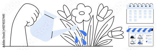 Hand pouring water on blooming flowers next to a monthly calendar and planner. Ideal for productivity, time management, planning, growth, scheduling, gardening, and organization. Line metaphor