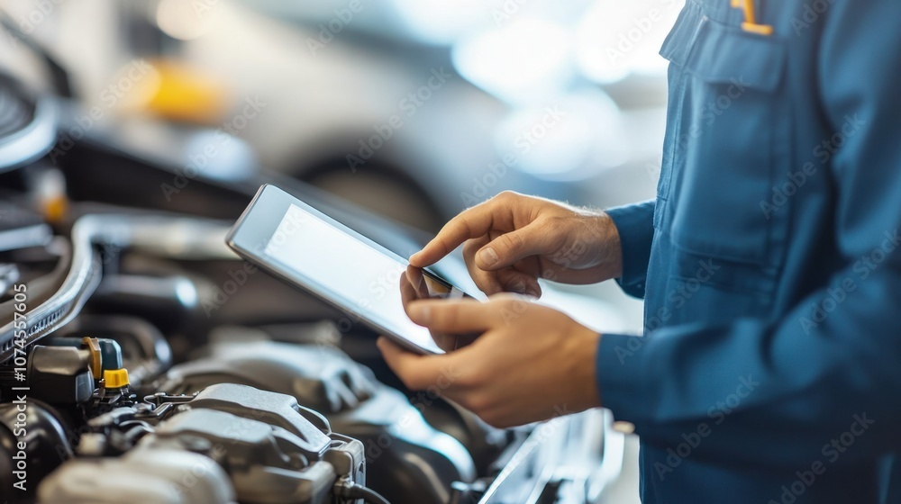 Auto repair professional holding a tablet for diagnostics, isolated on white, representing modern service Auto repair professional holding a tablet for diagnostics, isolated on white, representing modern service