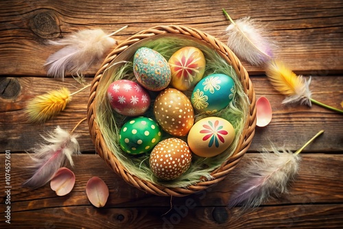 Top View of Beautiful Hand-Painted Easter Eggs in Pastel Colors Nestled Among Tender Feathers in a Wicker Basket on a Rustic Wooden Table for Spring Celebrations