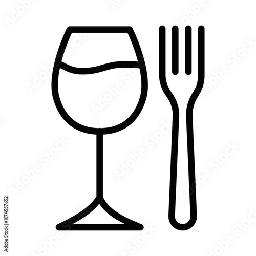 Outline icon of wine glass and fork for dining and drinks. Editable stroke.