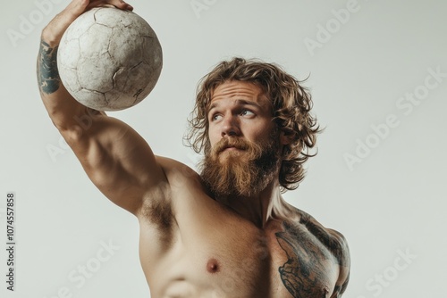 A person with a beard holding a soccer ball, great for sports or outdoors themes