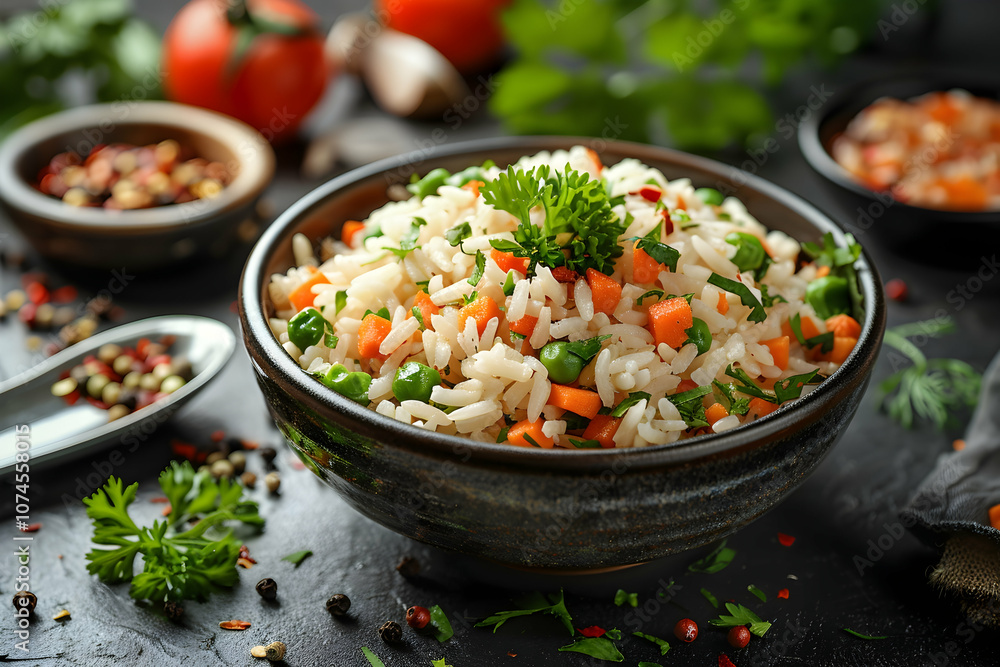 Bowl with tasty rice and vegetables. Selective focus. Bowl with tasty rice and vegetables. Selective focus.