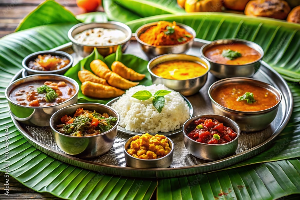 Traditional Indian Thali Meal on a Banana Leaf: A Culinary Experience with Vibrant Dishes, Spices, and Culture, Perfectly Framed with Tilt-Shift Photography for a Unique Perspective Traditional Indian Thali Meal on a Banana Leaf: A Culinary Experience with Vibrant Dishes, Spices, and Culture, Perfectly Framed with Tilt-Shift Photography for a Unique Perspective