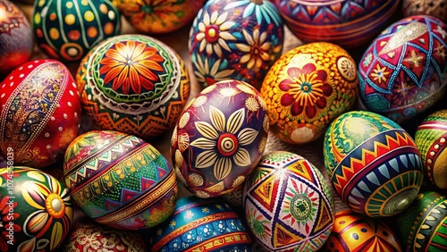Traditional Easter Eggs Pattern Illustration Featuring Vibrant Colors and Intricate Designs, Celebrating Cultural Heritage and Spring Festivities with a Focus on Candid Photography