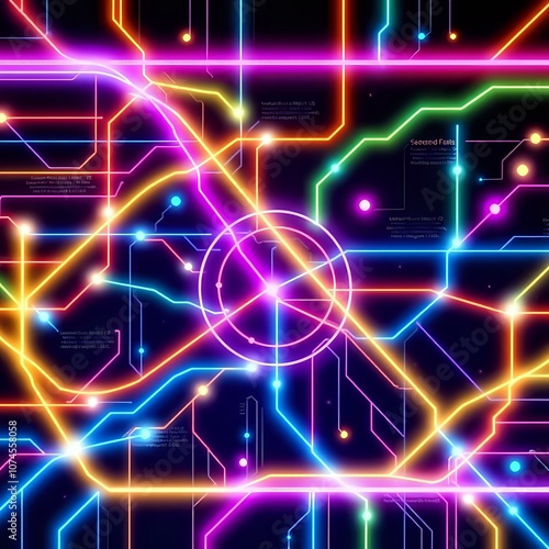 Vibrant Neon Circuit Board Network Infographic - Abstract Data Visualization