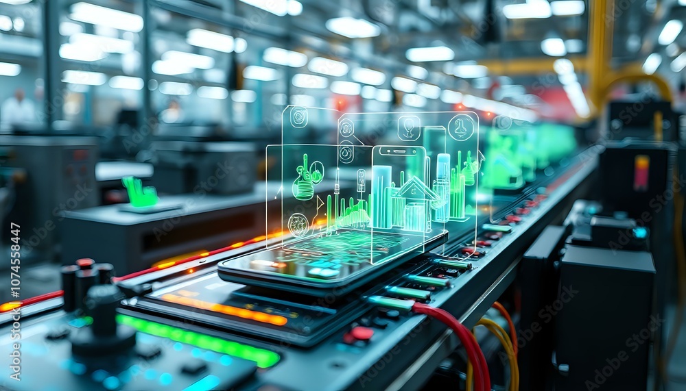 Futuristic Factory AR Scene with Eco-friendly Smartphone Assembly Line Futuristic Factory AR Scene with Eco-friendly Smartphone Assembly Line