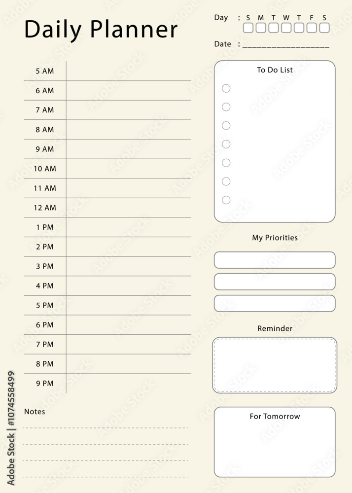 Daily planner template. Simple design for scheduling and planning your daily activities. Daily planner template. Simple design for scheduling and planning your daily activities.