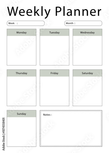 Weekly planner template. Simple design for scheduling and planning your weekly activities.