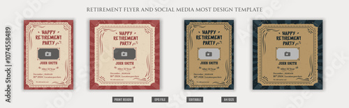 Traditional happy retirement flyer, social media post design, vintage, old, elder citizen, beach, chill, festival, celebration, vector, elements, senior, editable, red, a4, squire, dark, templates.