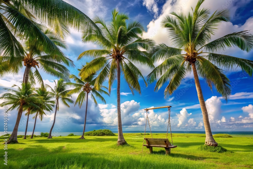 Tranquil Tropical Scene with Palm Trees and a Swing Underneath a Clear Blue Sky, Evoking Serenity and Relaxation in Nature's Embrace for Stock Photography Lovers Tranquil Tropical Scene with Palm Trees and a Swing Underneath a Clear Blue Sky, Evoking Serenity and Relaxation in Nature's Embrace for Stock Photography Lovers