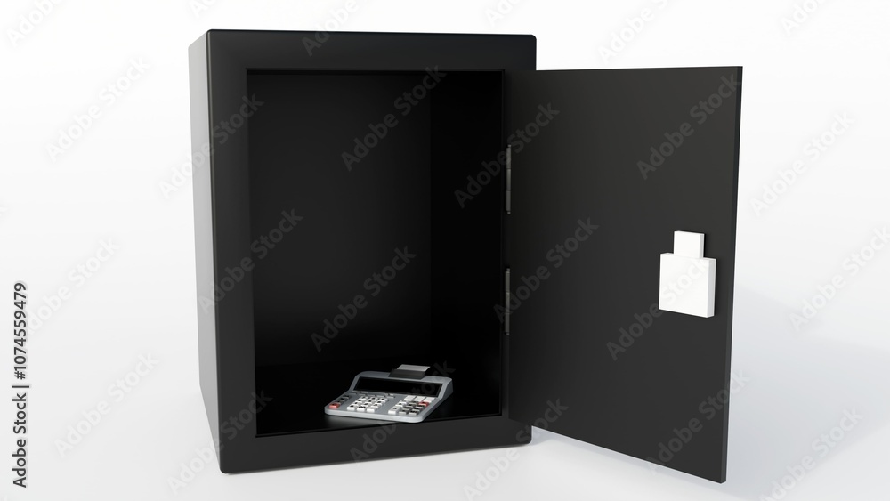 A 3d rendering of black safe with its door open, revealing a dark empty interior and a calculator, suggesting a focus on financial calculations and security. A 3d rendering of black safe with its door open, revealing a dark empty interior and a calculator, suggesting a focus on financial calculations and security.