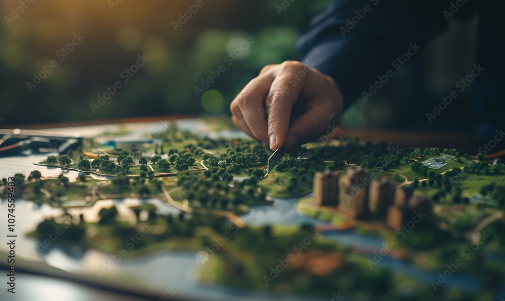 A person examines a detailed model landscape, emphasizing thoughtful planning and intricate design elements in a creative setting. A person examines a detailed model landscape, emphasizing thoughtful planning and intricate design elements in a creative setting.