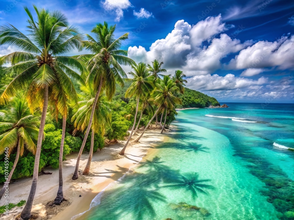 Obraz premium Tropical Coastal Landscape with Palm Trees on White Sand Beach Beside Turquoise Sea Waves Captured in Stunning Documentary Photography Style