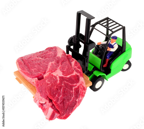 Toy forklift truck carrying a real fresh raw rib eye steak isolated on a white background