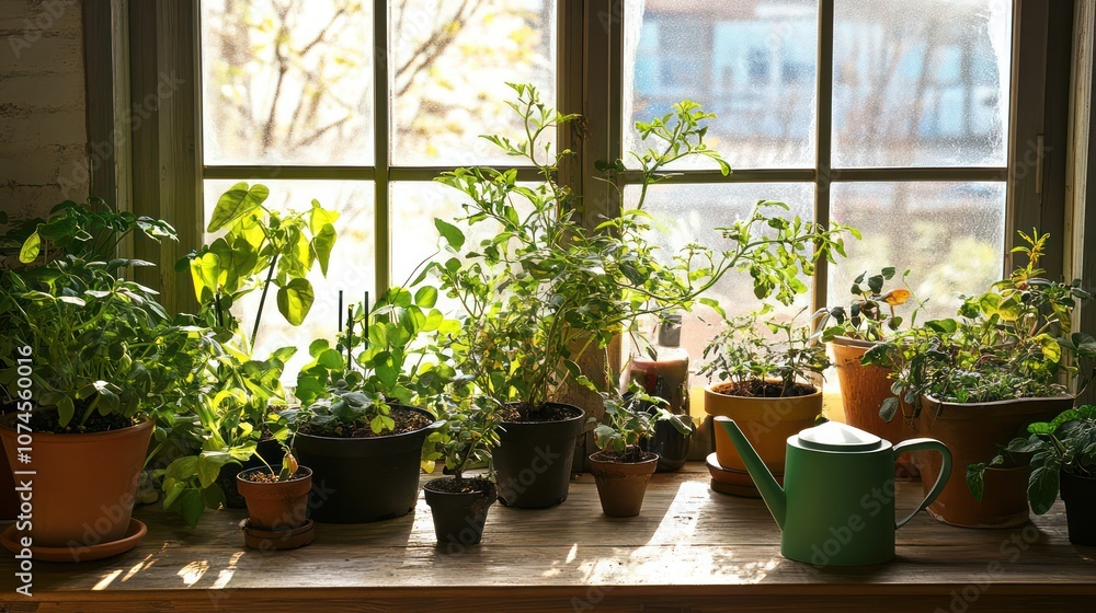 Organized low-maintenance plant care setup, watering can and small plants, bright room, Organized low-maintenance plant care setup, watering can and small plants, bright room,