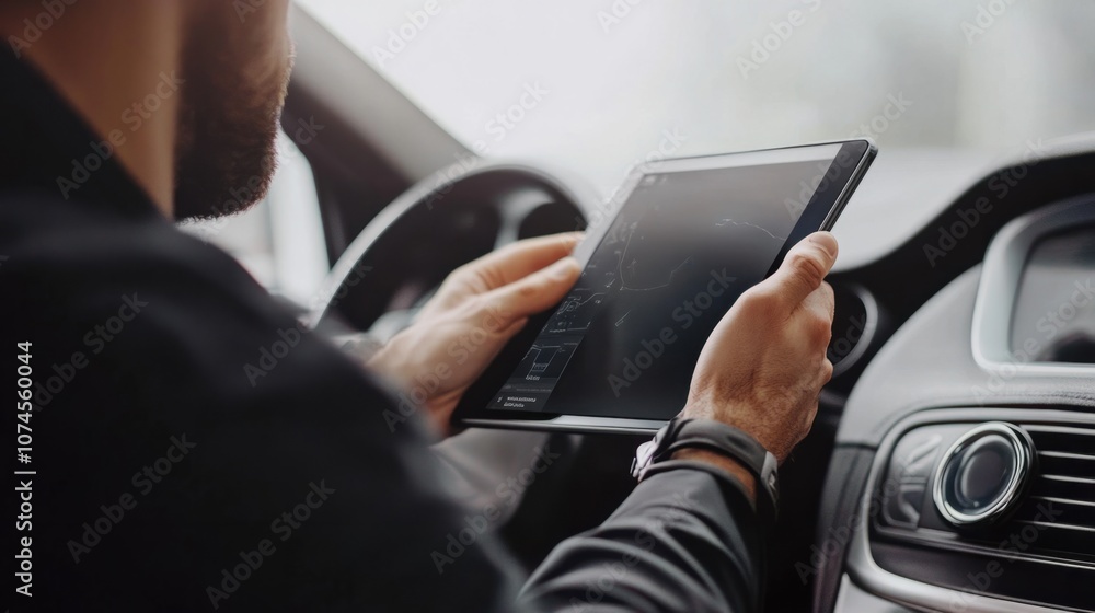 Naklejka premium Mechanic using a tablet for car diagnostics, isolated on white background, representing tech-driven repairs