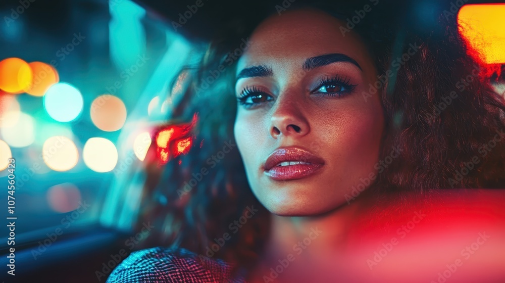 A fashionable woman with curly hair gazes intently while vibrant bokeh lights enhance the urban background, portraying a reflective and mysterious mood. A fashionable woman with curly hair gazes intently while vibrant bokeh lights enhance the urban background, portraying a reflective and mysterious mood.
