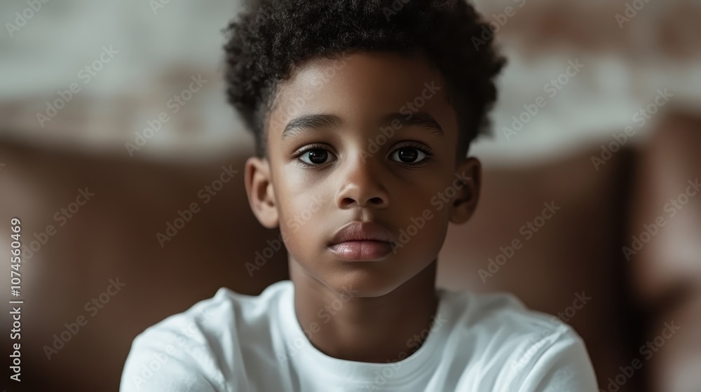 A young boy with a thoughtful expression looks straight ahead in a well-lit indoor environment, suggesting introspection or contemplation of unseen matters. A young boy with a thoughtful expression looks straight ahead in a well-lit indoor environment, suggesting introspection or contemplation of unseen matters.