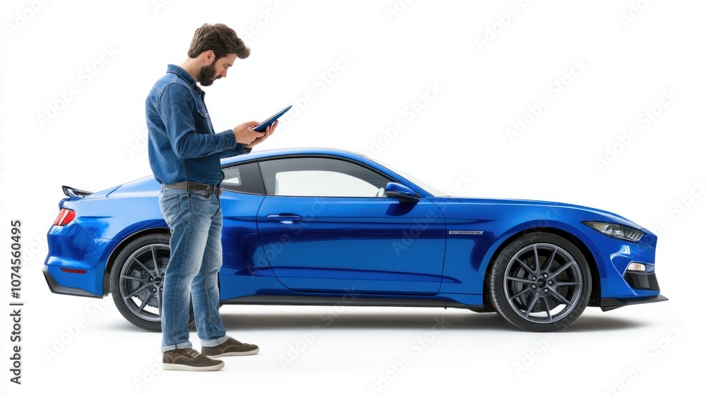 Technician with tablet analyzing car data, isolated on white background, representing technology in mechanics Technician with tablet analyzing car data, isolated on white background, representing technology in mechanics