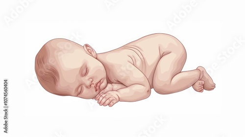 A baby lying down on its side on a clean and simple white background, ideal for use in editorial or commercial projects where a calm and peaceful atmosphere is required